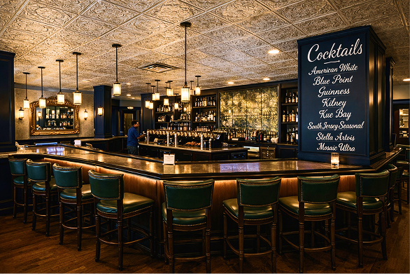 The bar area at Porter restaurant in Ambler PA with cocktails and seating