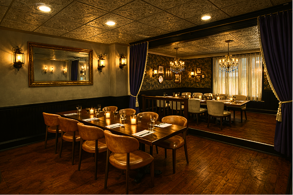 Historic dining atmosphere inside Porter restaurant in Ambler PA with candlelit tables